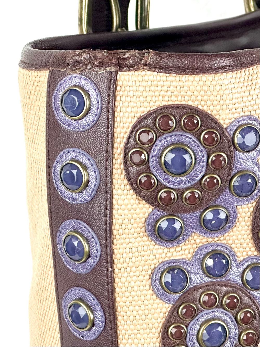 Isabella Fiore ‘Set in Stone’ Jeweled Tote Bag Tan and Brown Leather Trim - Picture 4 of 16